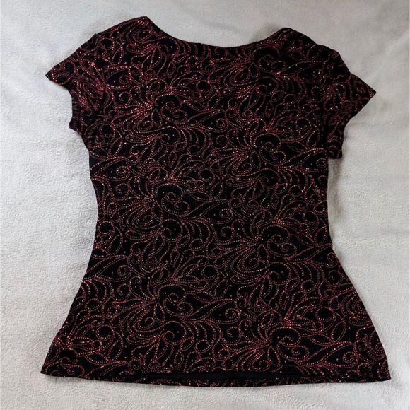 Y2K Sparkly Faux Wrap Blouse Women's Large Black Red Short Sleeve Swirly Print - Picture 3 of 6